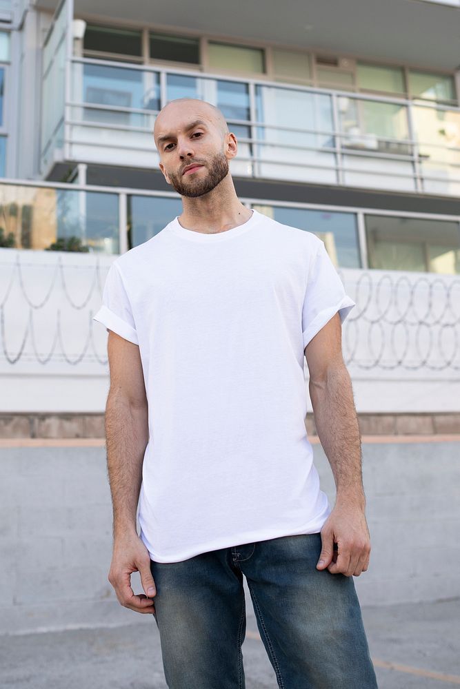 Basic white t-shirt men&rsquo;s fashion apparel outdoor shoot