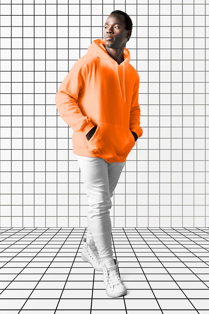 Sporty orange hoodie and sweatpants white aesthetic vaporwave background