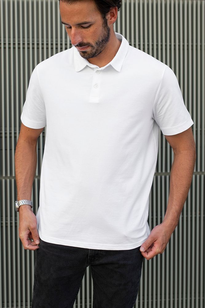 Menswear polo shirt white casual apparel outdoor shoot