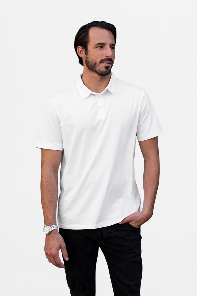 Menswear polo shirt white casual apparel outdoor shoot