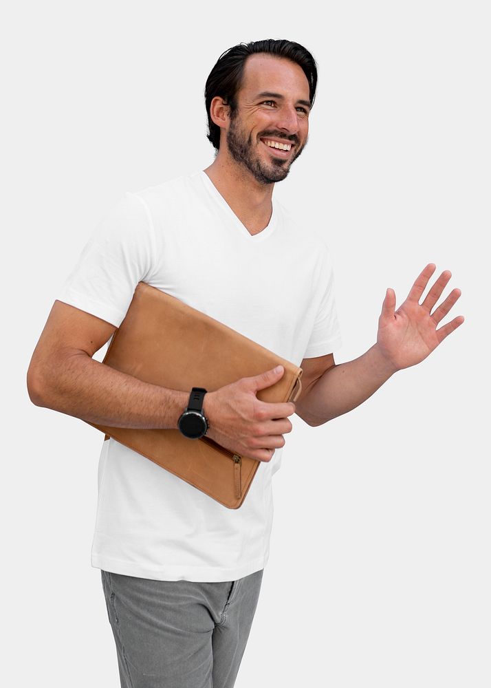 Man holding clutch waving and smiling