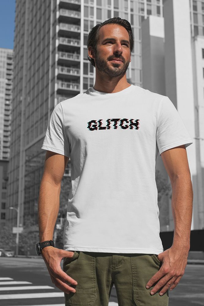 Glitch printed t-shirt white streetwear man in the city apparel shoot