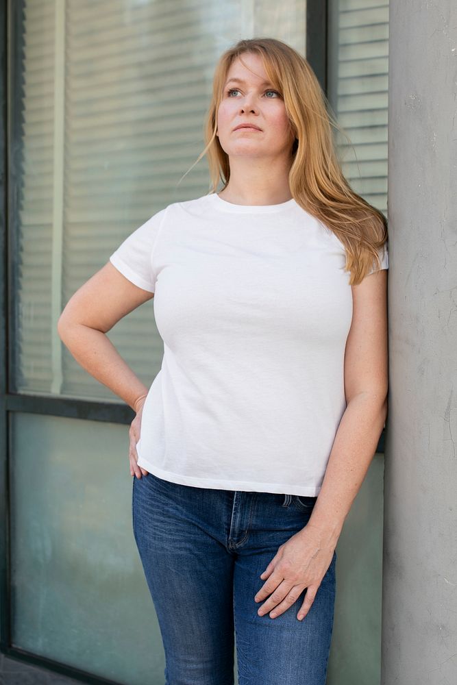 Plus size t-shirt white basic women&rsquo;s casual wear outdoor shoot