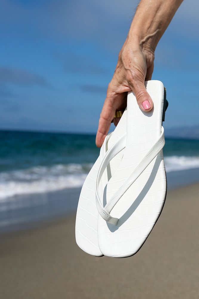 White beach flip-flops summer fashion photoshoot