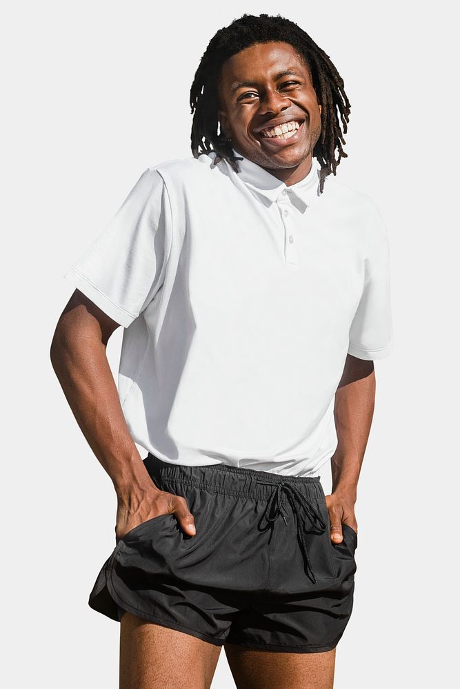 African American man in white polo shirt studio photoshoot