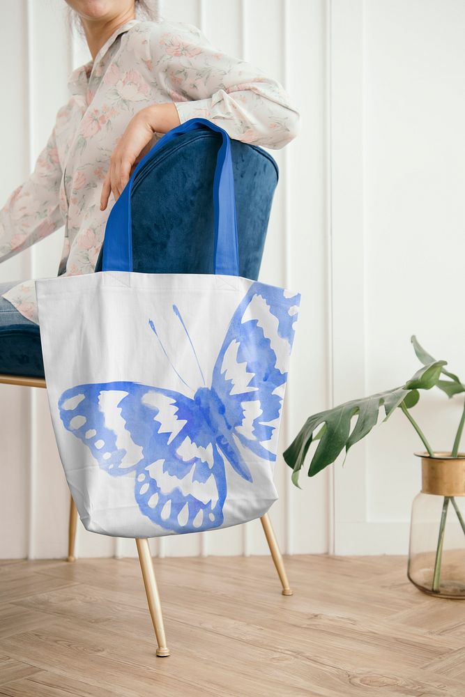Tote bag mockup, aesthetic butterfly psd