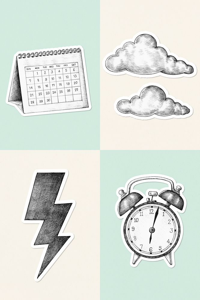 Hand drawn time and weather sticker set