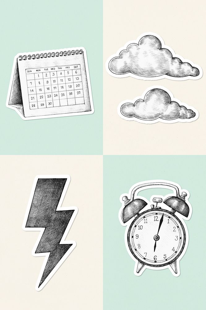 Hand drawn psd time and weather sticker set