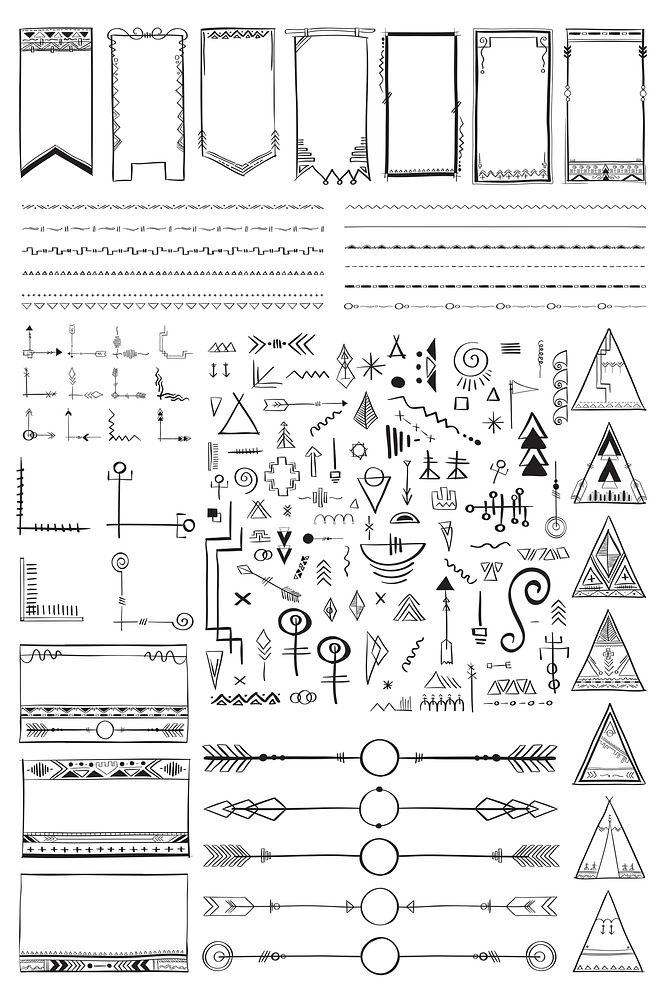Psd doodle hand drawn ornamental bohemian style set