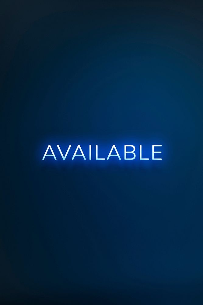 AVAILABLE neon word typography on a blue background