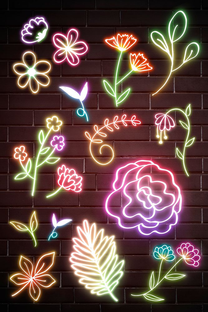 Blooming flowers neon sign doodle hand drawn set