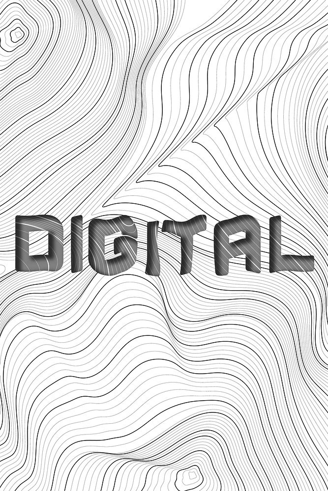 Dark gray digital word typography on a white topographic background