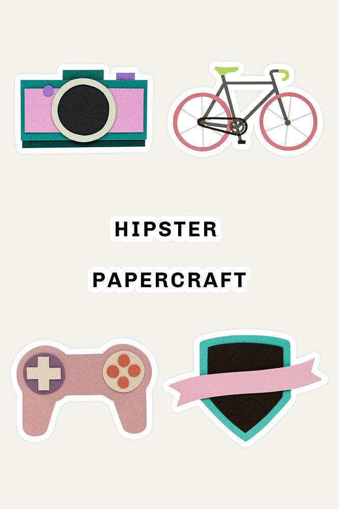 Hipster paper craft sticker set on off white background