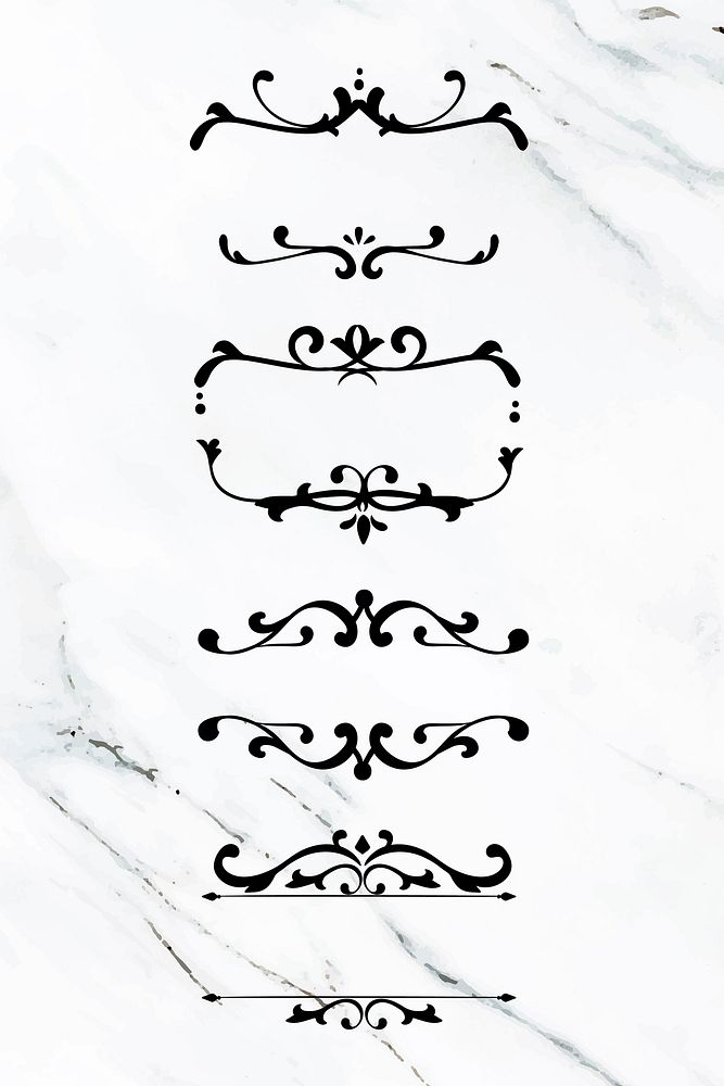 Black ornamental filigree frame on marble textured background set