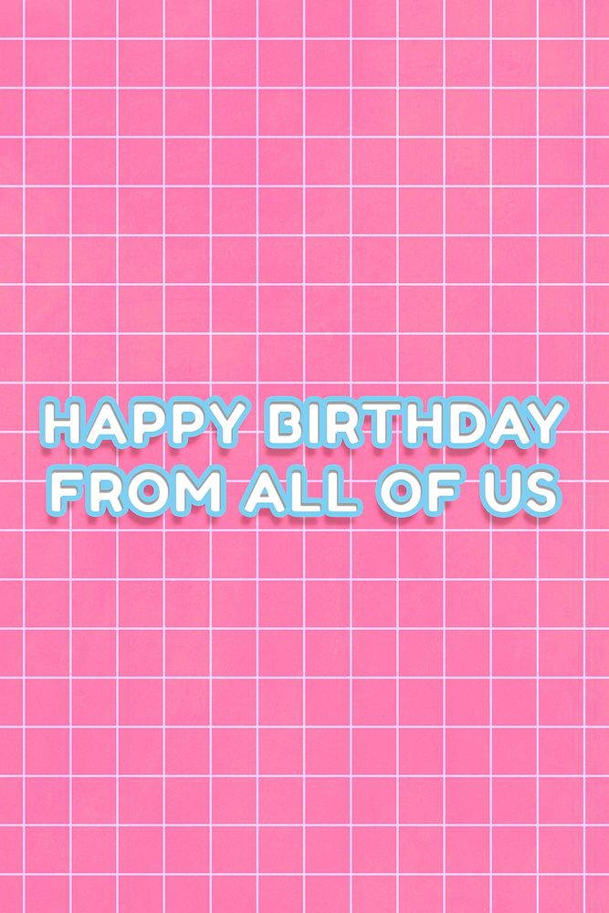 Miami 80&rsquo;s neon happy birthday from all of us boldface outline word art on grid background