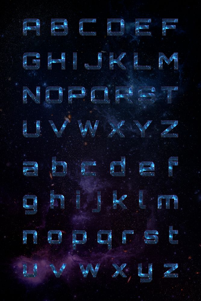 Alphabet set psd typography on blue galaxy background