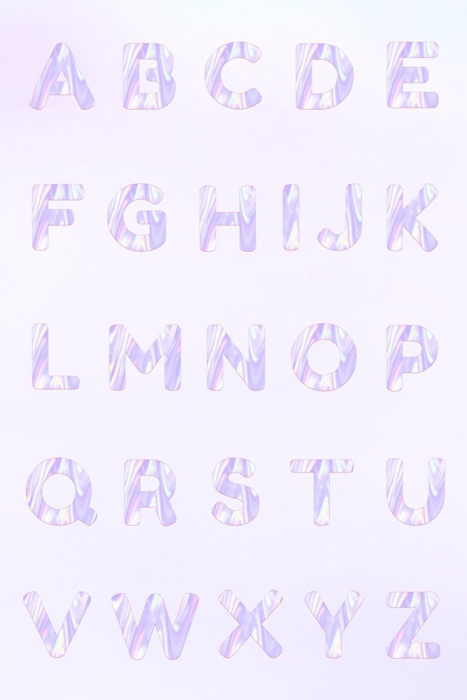 English alphabet psd holographic pastel purple typography set