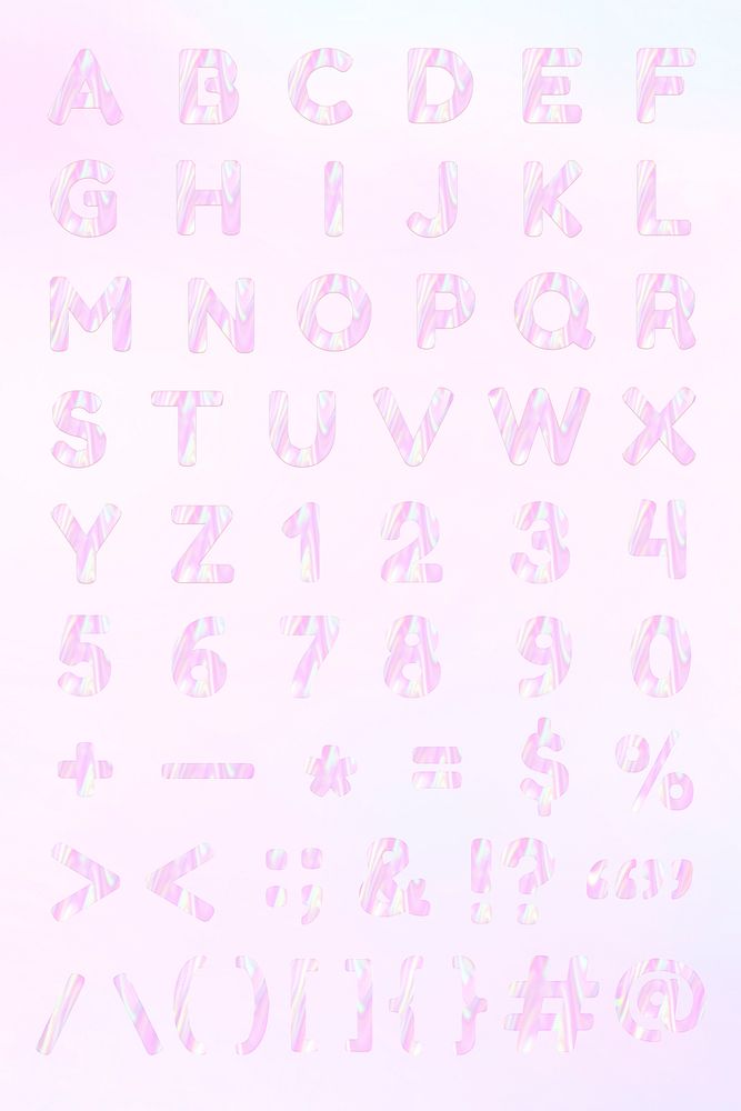 Pastel alphabet numbers symbols psd pink holographic effect set