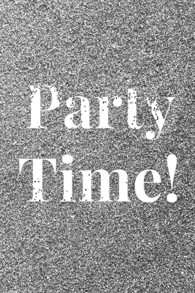 Glitter word party time! gray sparkle font lettering