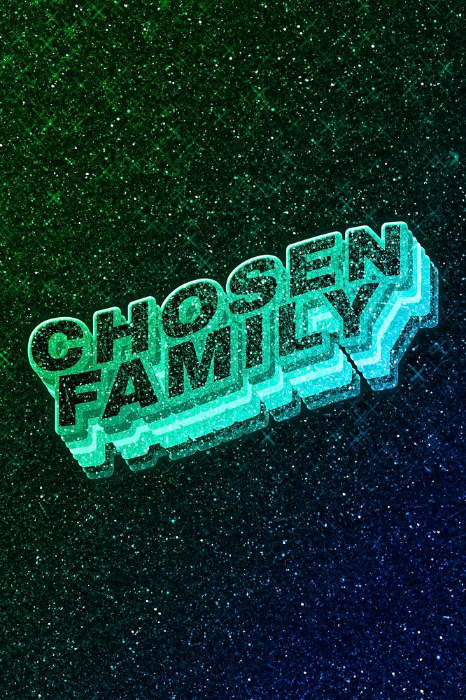 Chosen family word 3d vintage wavy typography illuminated green font