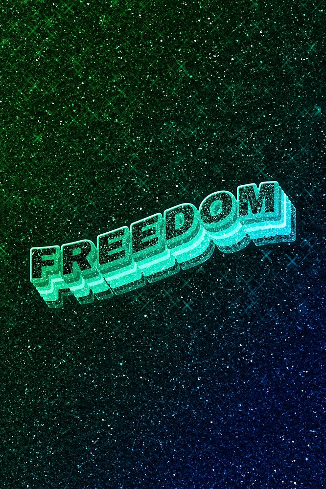 Freedom word 3d vintage wavy typography illuminated green font