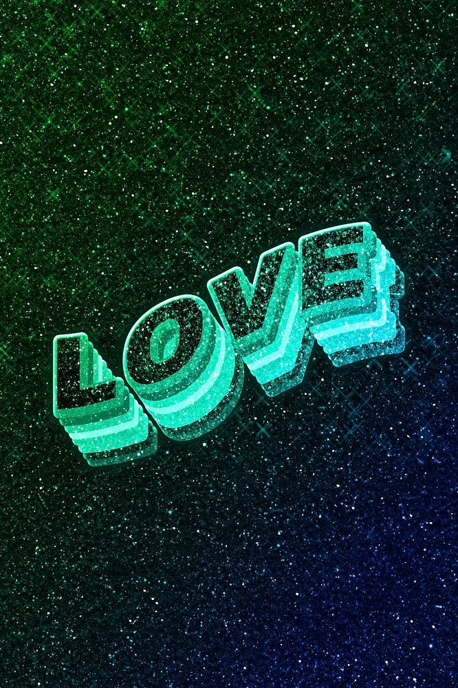 Love word 3d vintage wavy typography illuminated green font