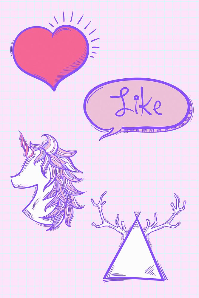 Psd funky unicorn doodle cartoon teen sticker set