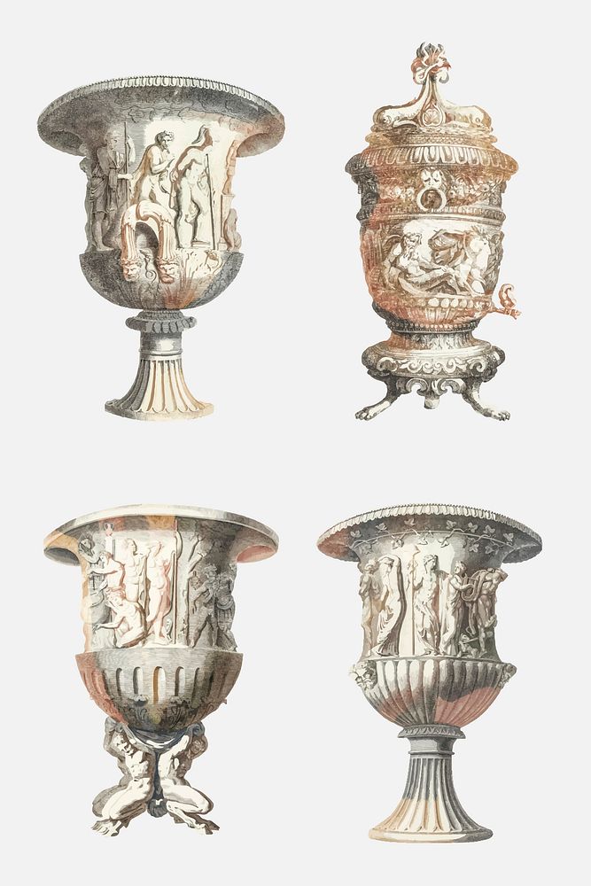 Ancient ornamental vase vector vintage illustration set