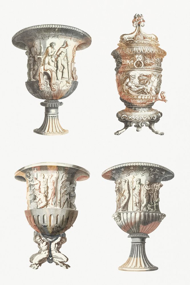 Ancient ornamental vase psd vintage illustration set