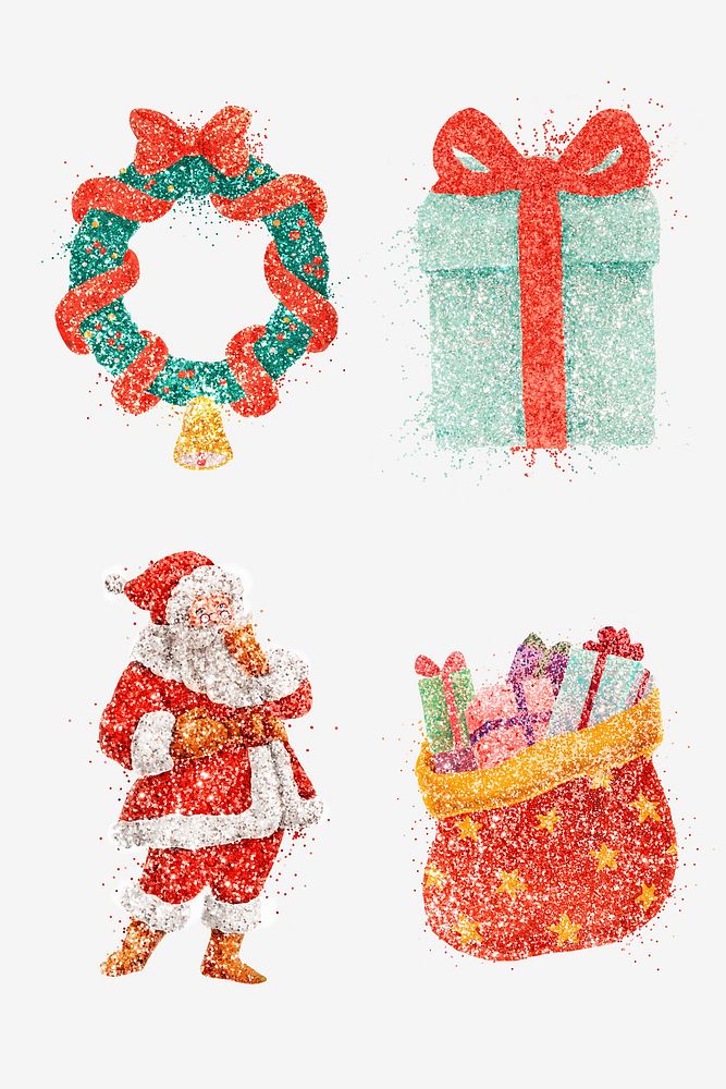 Colorful Christmas glittery illustration set