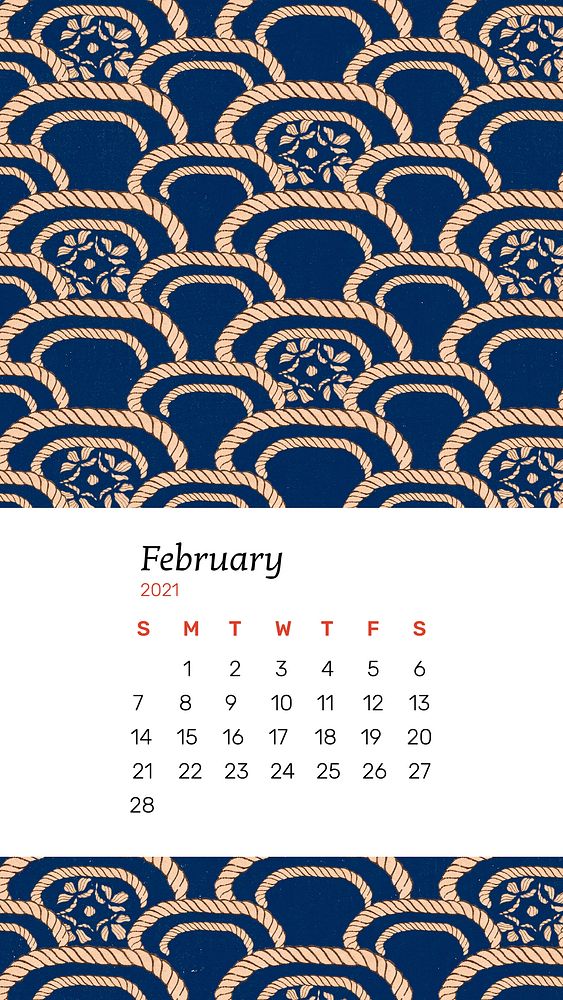 Calendar February 2021 printable vector with traditional Japanese pattern remix artwork by Watanabe Seitei