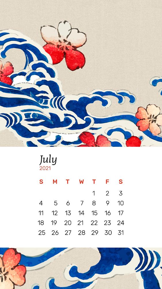 Calendar July 2021 printable vector with Japanese wave with sakura remix artwork by Watanabe Seitei