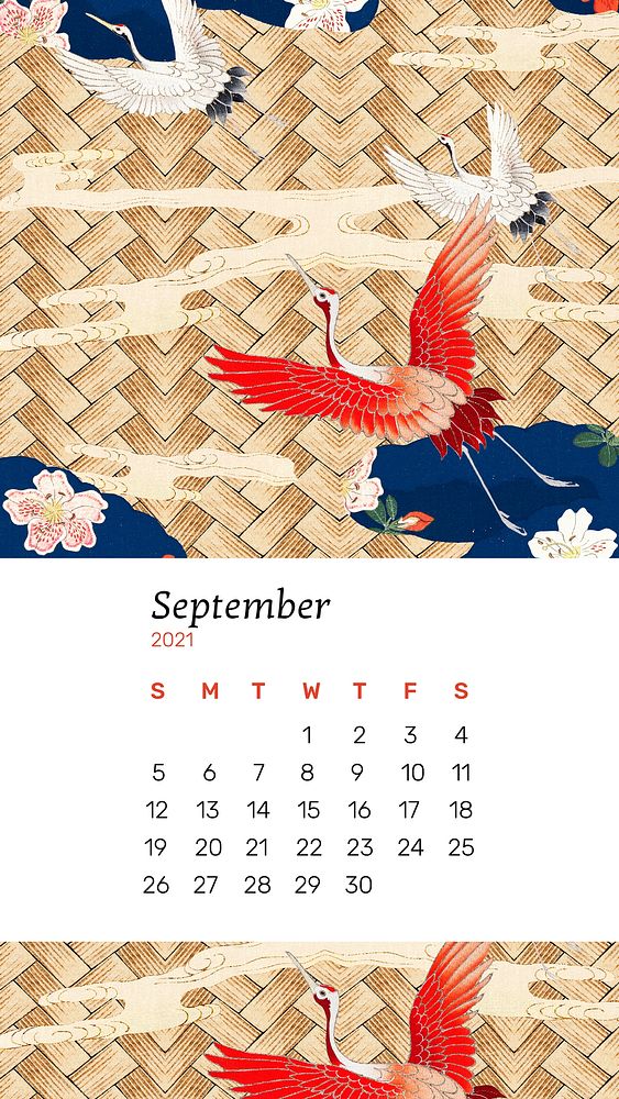 Calendar September 2021 printable vector with Japanese crane and bamboo weave artwork remix from original print by Watanabe…