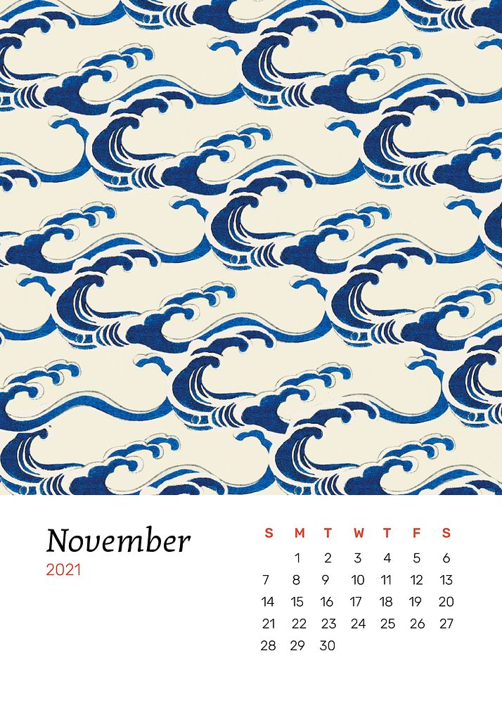 November 2021 calendar printable vector with Japanese wave pattern remix artwork by Watanabe Seitei