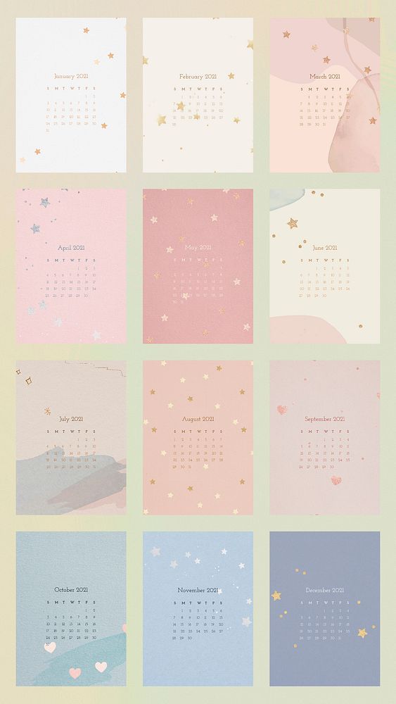 Calendar 2021 editable template vector with abstract watercolor background set