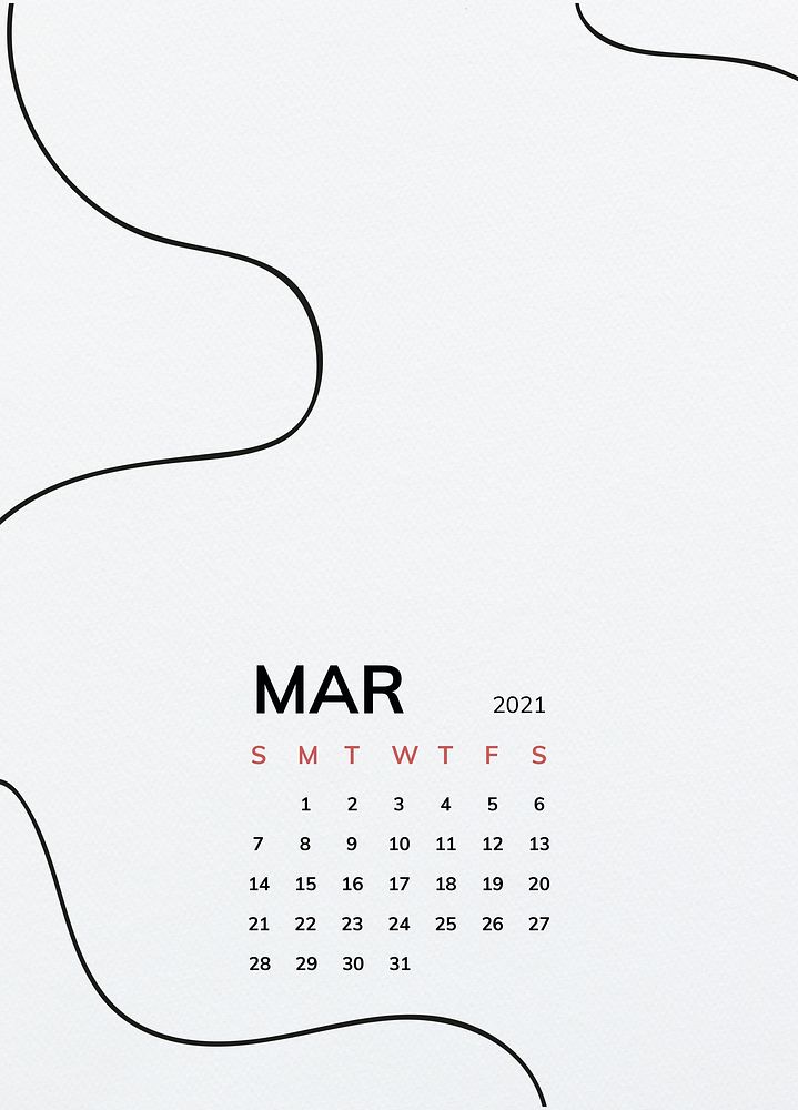 Calendar 2021 March printable template psd with black line pattern