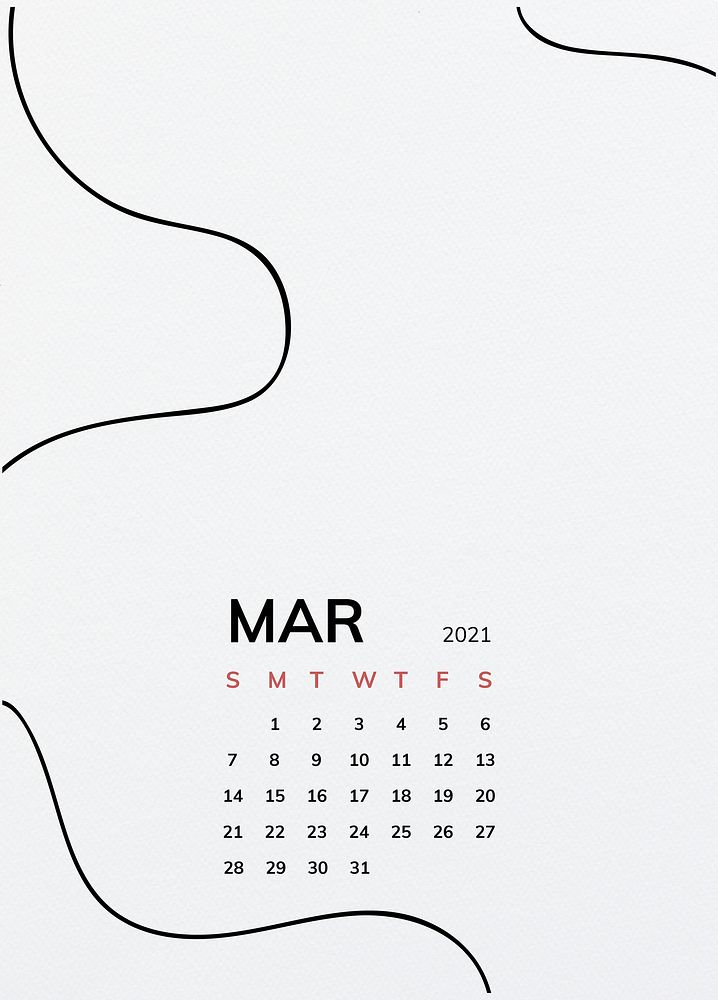 Calendar 2021 March printable template vector with black line pattern
