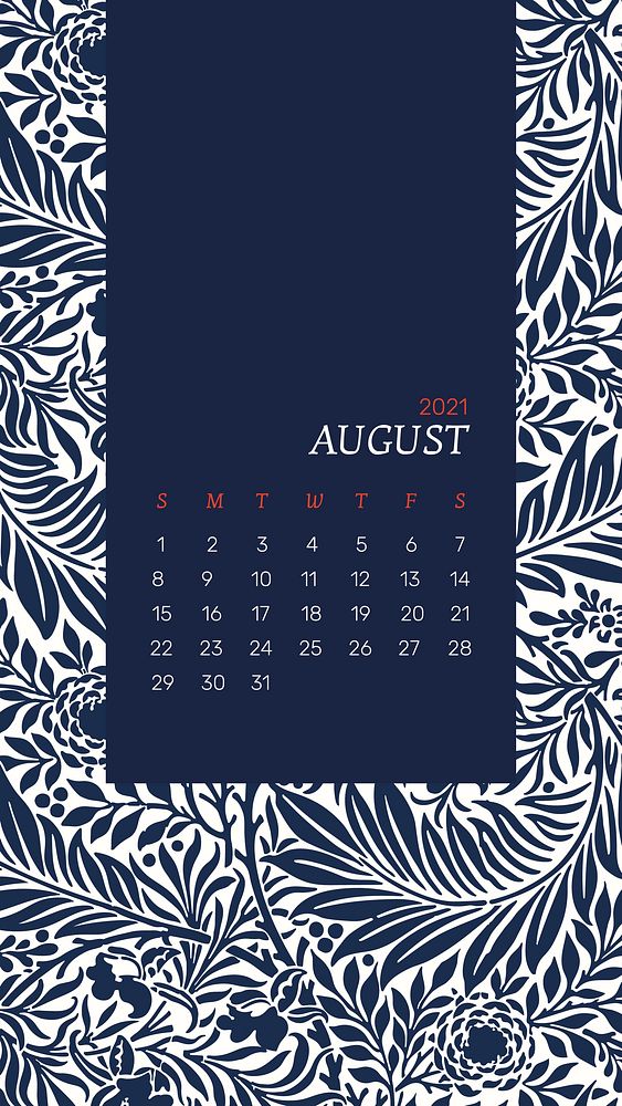 Calendar 2021 August editable template vector with William Morris floral pattern