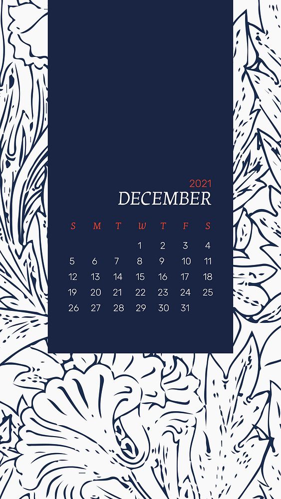 Calendar 2021 December editable template vector with William Morris floral pattern