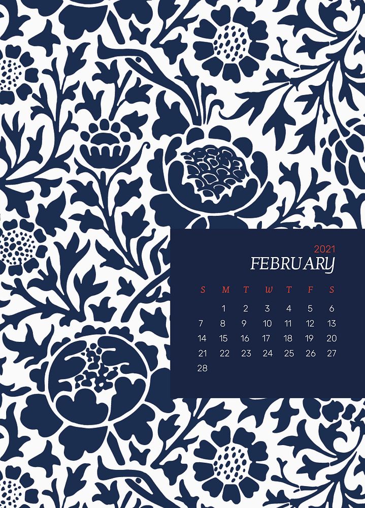 Calendar 2021 February editable template psd with William Morris floral pattern