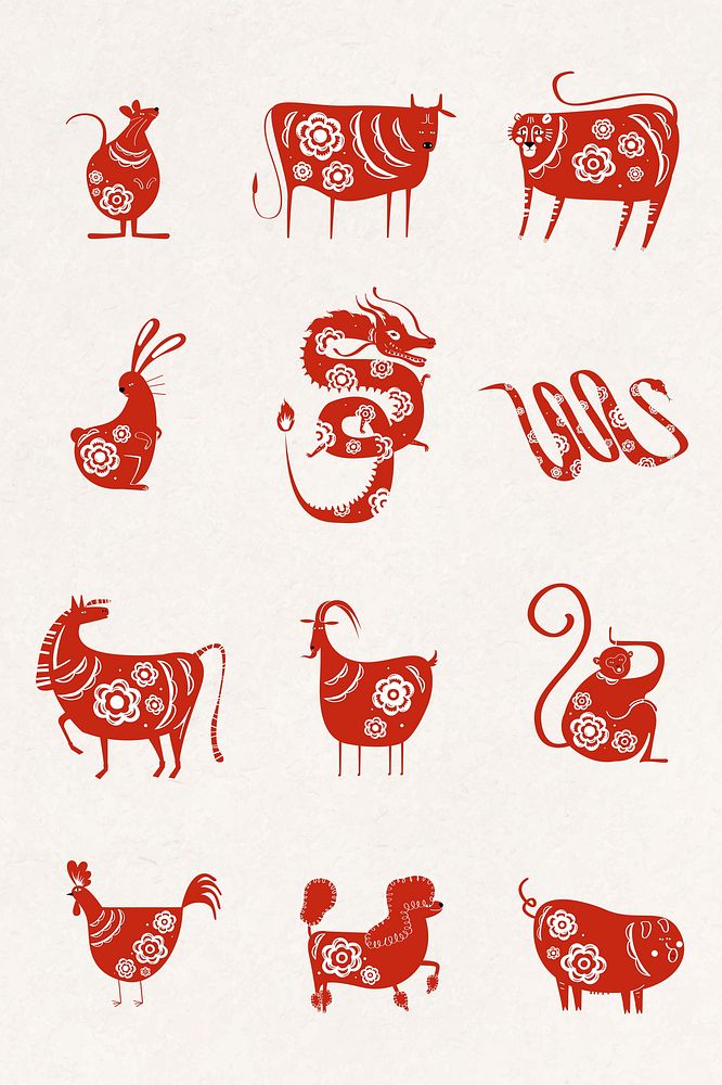 Chinese animals zodiac sign psd red colored collection