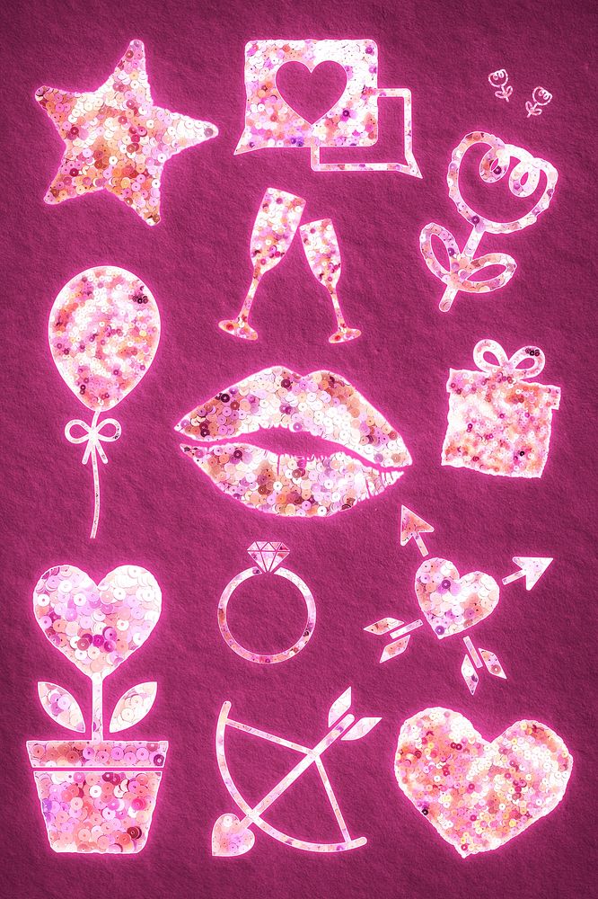 Glittery pink sequin valentine&rsquo;s illustration set