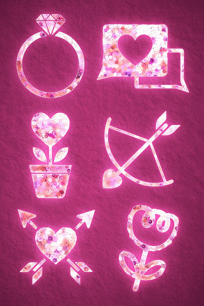 Glittery pink sequin valentine&rsquo;s icon set