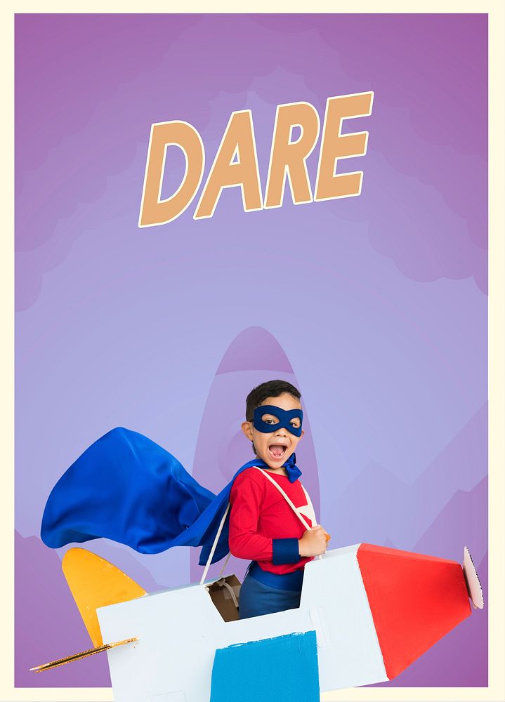 Superhero kid boy with paper plane toy and aspiration word graphic