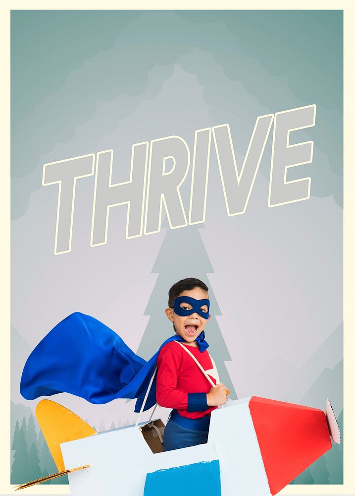 Superhero kid boy with paper plane toy and aspiration word graphic