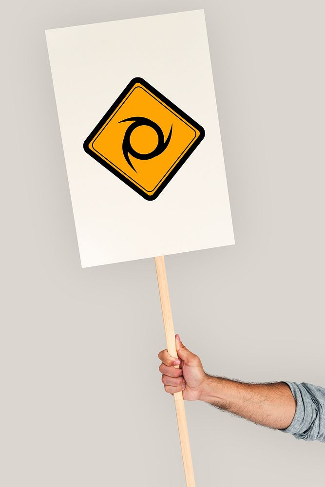 Studio Shoot Holding Banner with Sawblade Attention Sign