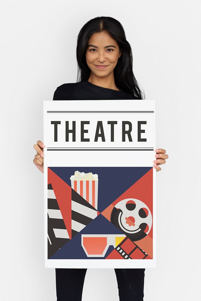 Woman holding banner of movies theatre media entertainment