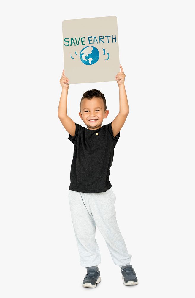 Little Boy with Recycle Sign Eco Friendly Save Earth Word Graphic