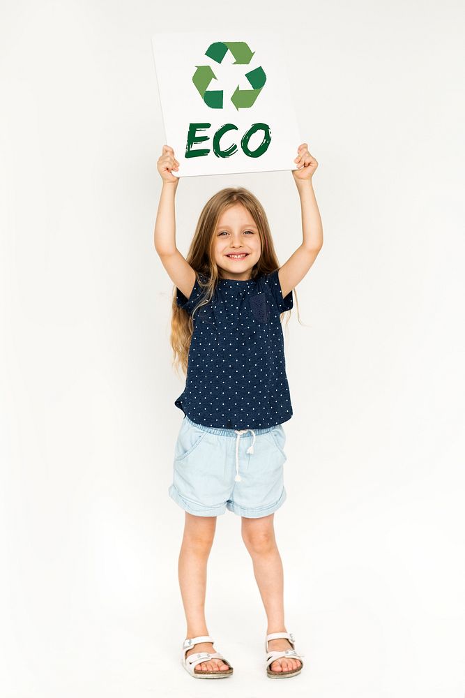 Little Girl with Recycle Sign Eco Friendly Save Earth Word Graphic