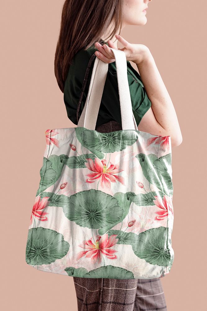 Lotus pattern tote bag mockup psd, remix from artworks by Megata Morikaga